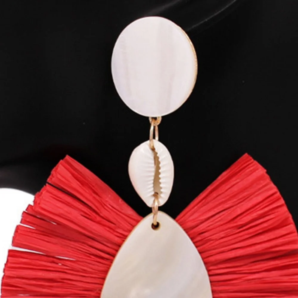 Red Fan Puka Shell Raffia Trimmed Teardrop Mother Of Pearl Dangle Earrings